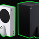 Two next-gen Xbox consoles hang out in a black-and-green void.